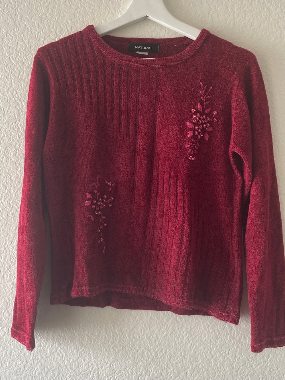 NATURAL Burgundy Embroidered Floral Sweater